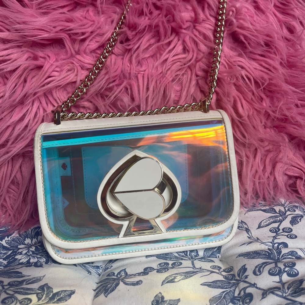 Kate Spade Nicola Optic White Hologram Iridescent Turnlock Crossbody Mini Bag